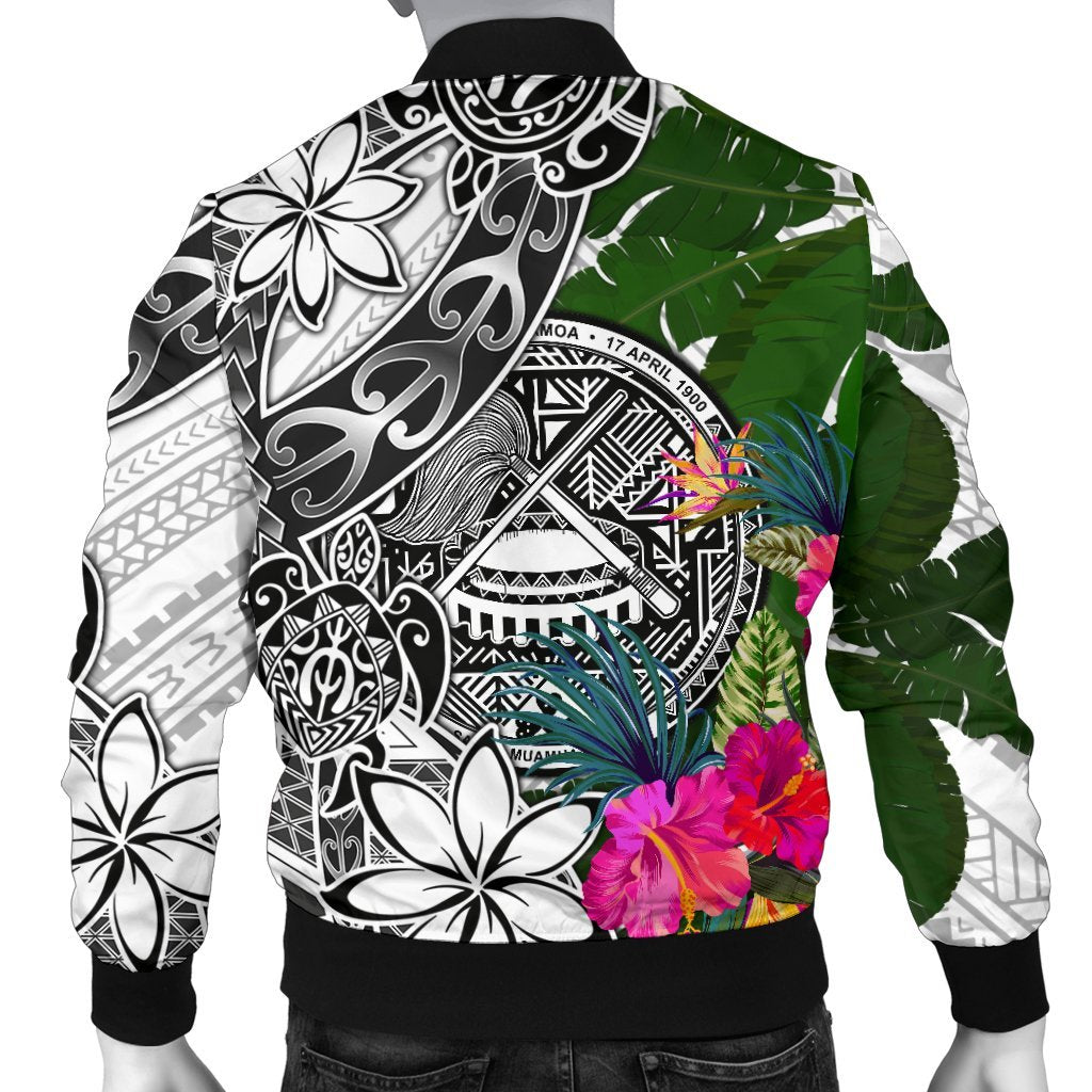 American Samoa Men's Bomber Jacket White - Turtle Plumeria Banana Leaf - Polynesian Pride