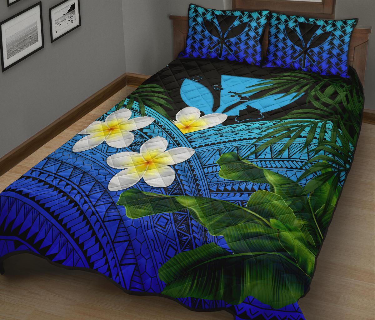 Kanaka Maoli (Hawaiian) Quilt Bed Set, Polynesian Plumeria Banana Leaves Blue - Polynesian Pride