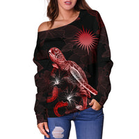 Marshall Islands Polynesian Women's Off Shoulder Sweater - Turtle With Blooming Hibiscus Red - Polynesian Pride