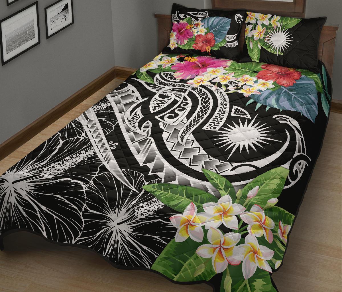 Marshall Islands Polynesian Quilt Bed Set - Summer Plumeria (Black) - Polynesian Pride