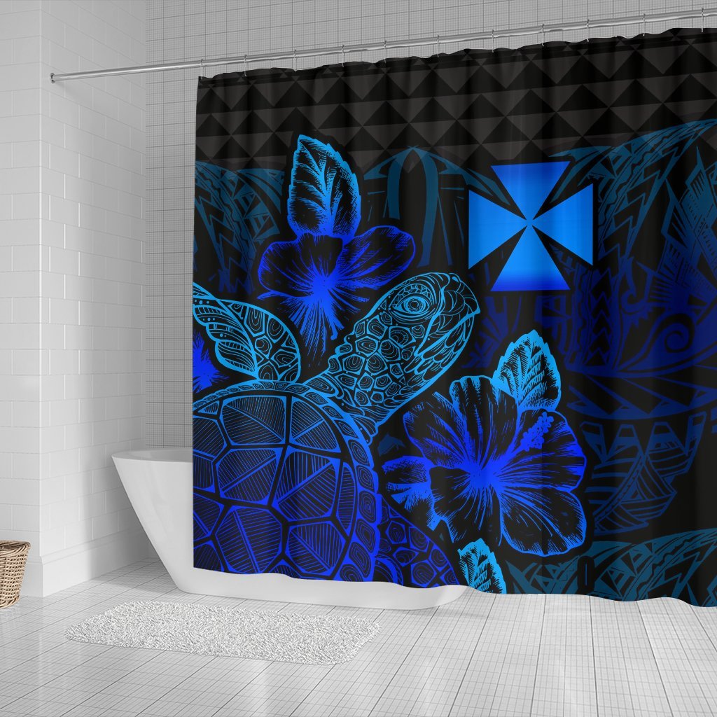 Wallis And Futuna Shower Curtain Turtle Hibiscus Blue - Polynesian Pride