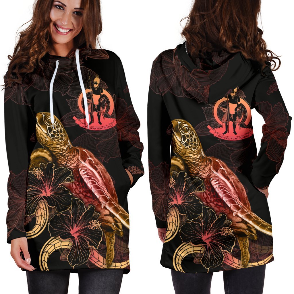 Vanuatu Polynesian Hoodie Dress - Turtle With Blooming Hibiscus Gold - Polynesian Pride