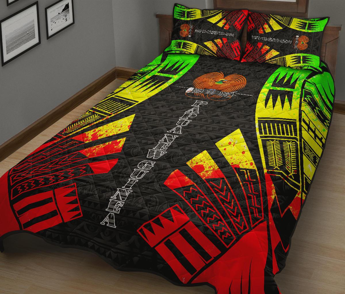Papua New Guinea Quilt Bed Set - Papua New Guinea Coat Of Arms & Polynesian Reggae Tattoo Style - Polynesian Pride