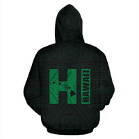 Polynesian Kakau Kanaka Map of Hawaii Zip Hoodie Green - Polynesian Pride