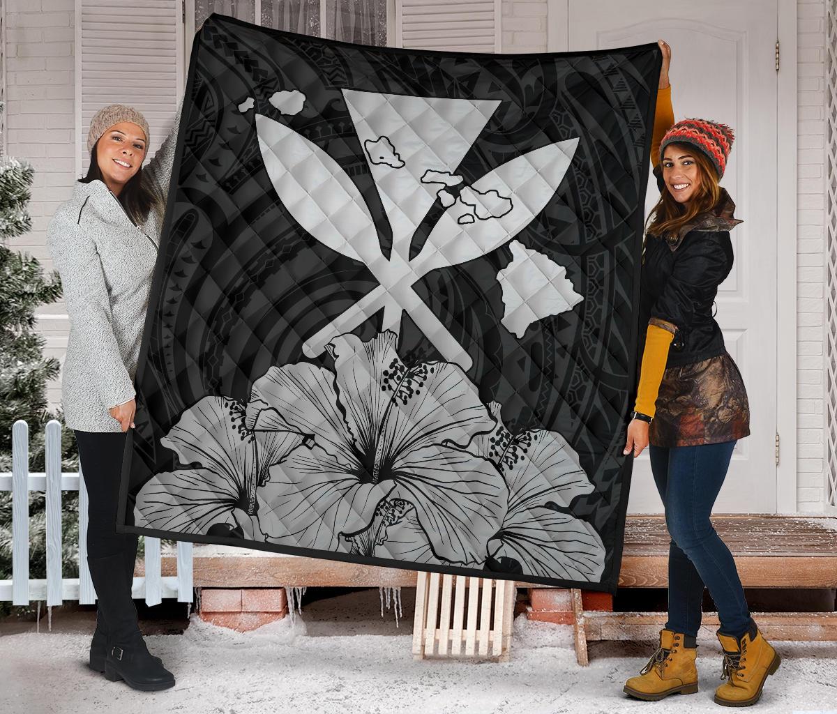 Hawaiian Kanaka Premium Quilt Hibiscus Polynesian Love Gray - Polynesian Pride