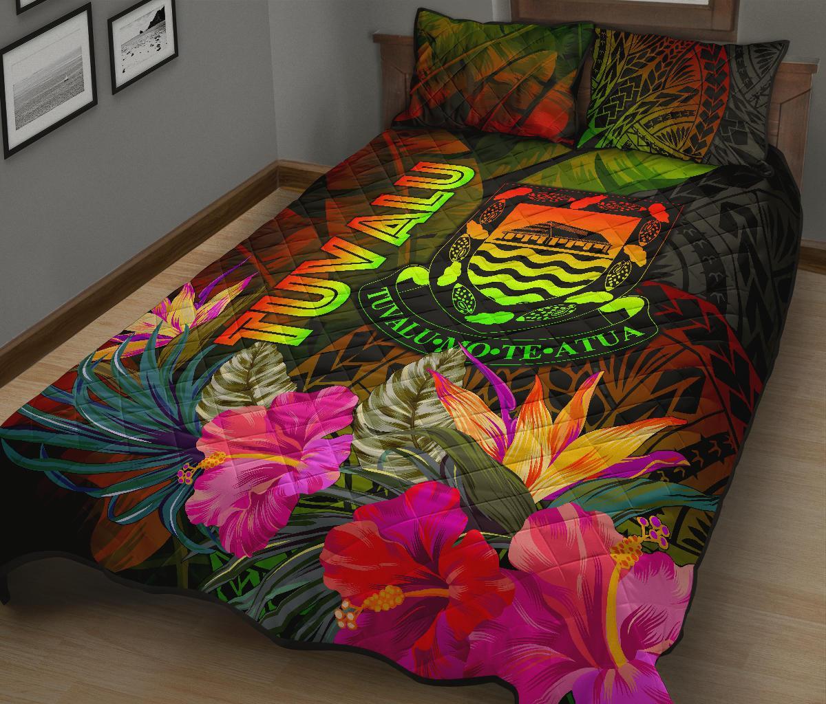 Tuvalu Polynesian Quilt Bed Set - Hibiscus and Banana Leaves - Polynesian Pride