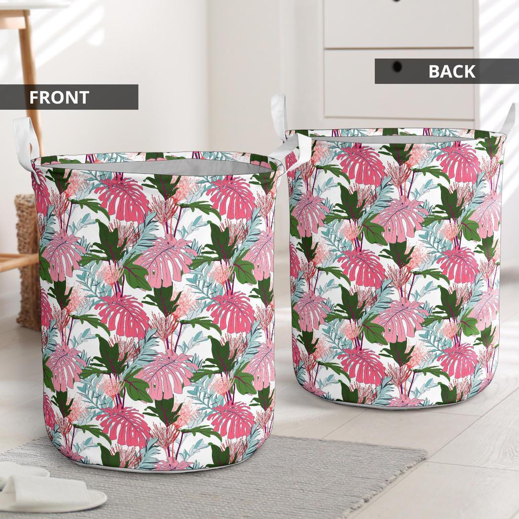 Pink Monstera And Green Tropical Leaves White Hawaii Laundry Basket AH - Polynesian Pride