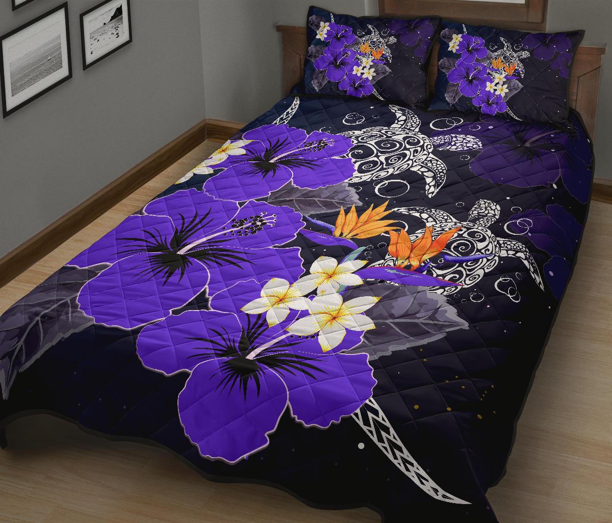 Hawaii Turtle Purple Hibiscus Polynesian Quilt Bed Set - Anne Style - AH - Polynesian Pride