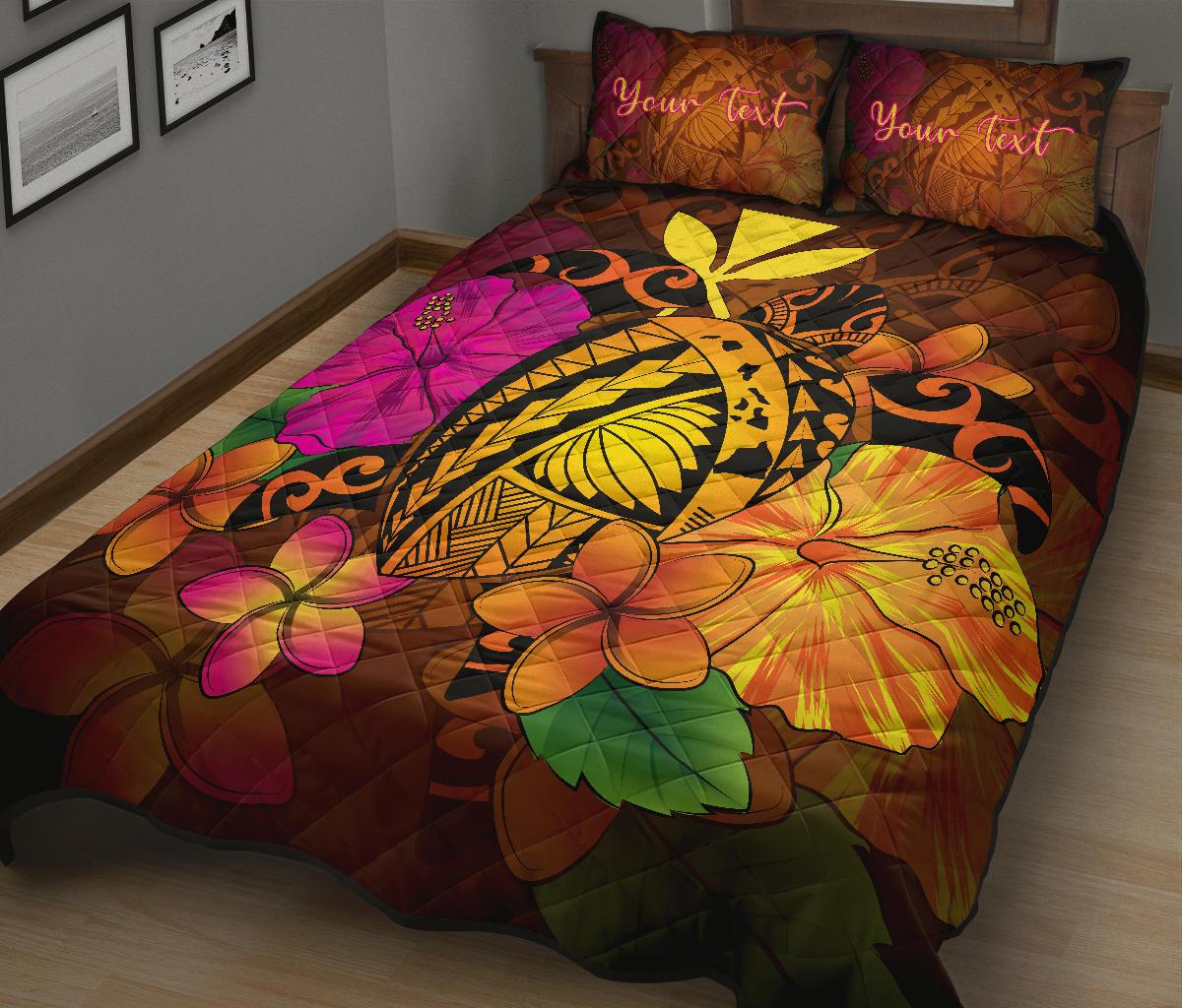 Personalized - Hawaiian Map Turtle Tribal Kanaka Hibiscus Plumeria Polynesian Quilt Bed Set - Polynesian Pride