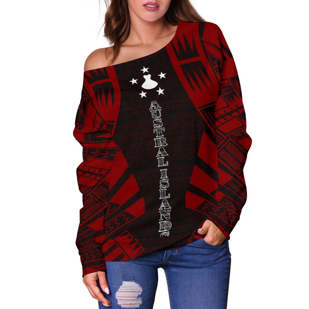 Austral Islands Women's Off Shoulder Sweater - Polynesian Tattoo Red - Polynesian Pride