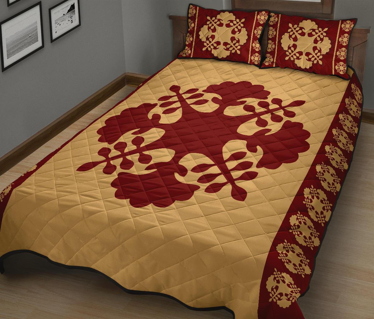 Hawaiian Quilt Pattern Palm Tree Girl Quilt Bed Set - Polynesian Pride