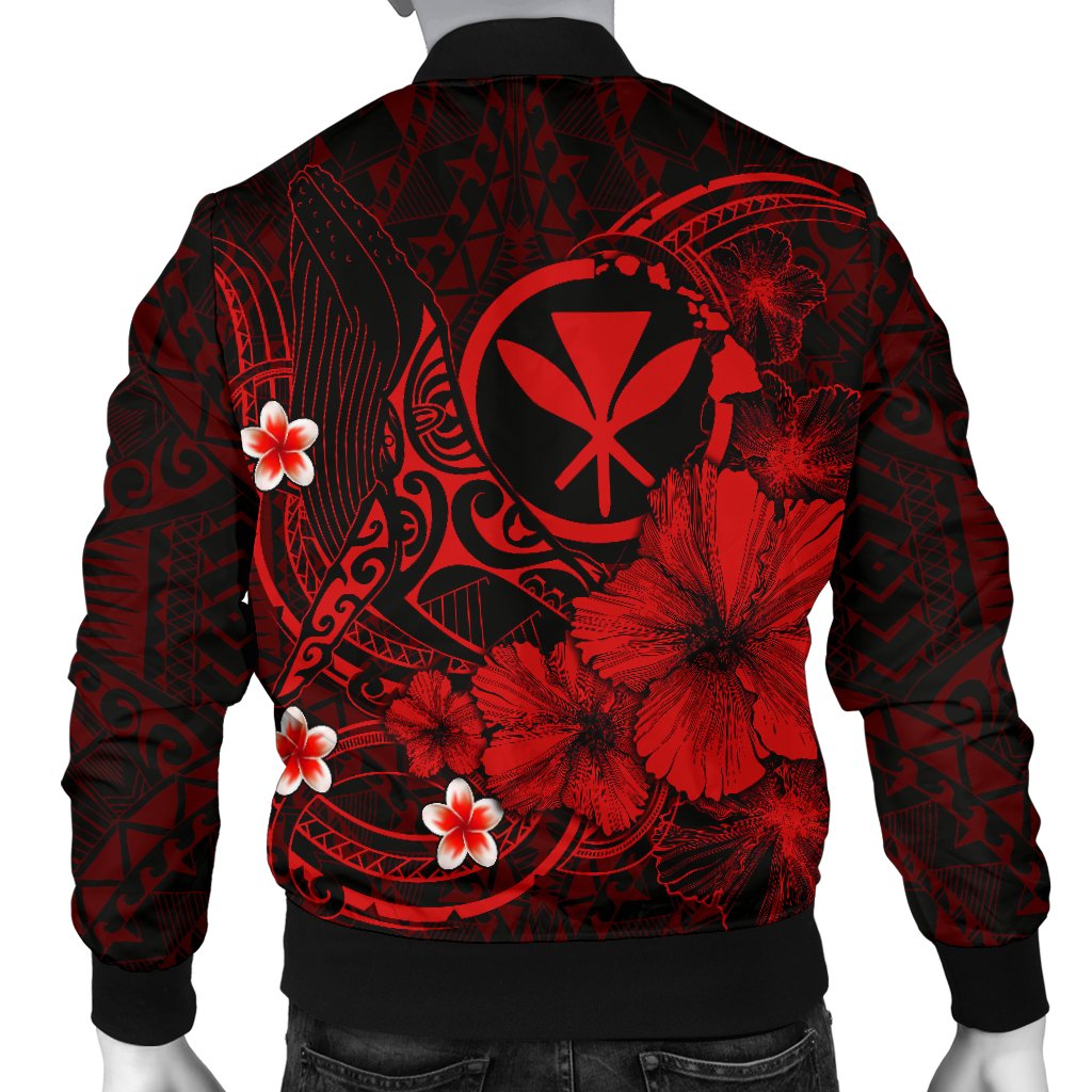 Polynesian Hawaii Kanaka Maoli Men's Bomber Jacket - Humpback Whale with Hibiscus (Red) - Polynesian Pride
