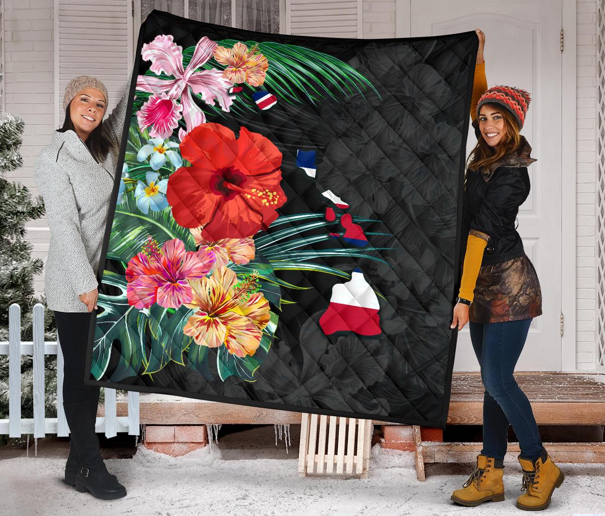 Hawaii Premium Quilt - Hawaii Map Hibiscus Quilt - Polynesian Pride