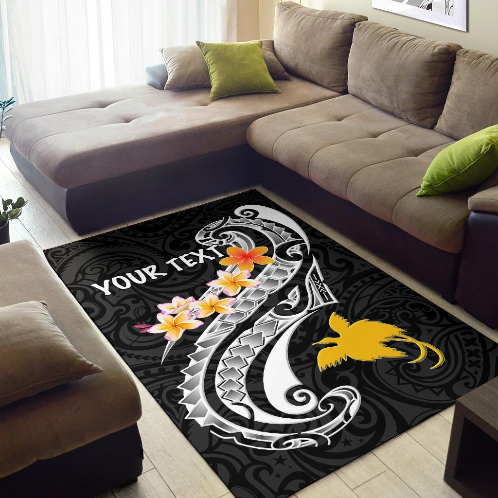 Papua New Guinea Custom Personalised Area Rug - PNG Seal Polynesian Patterns Plumeria (Black) - Polynesian Pride