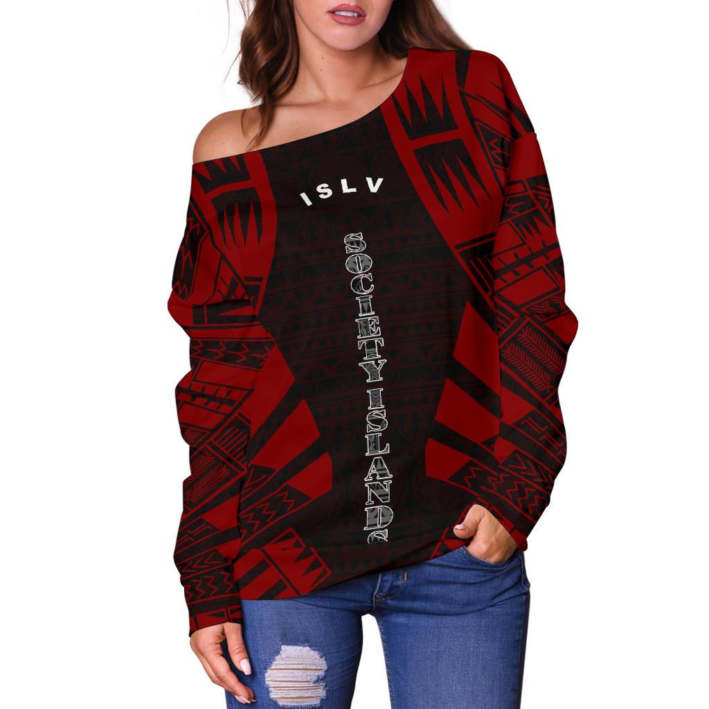 Society Islands Women's Off Shoulder Sweater - Polynesian Tattoo Red - Polynesian Pride