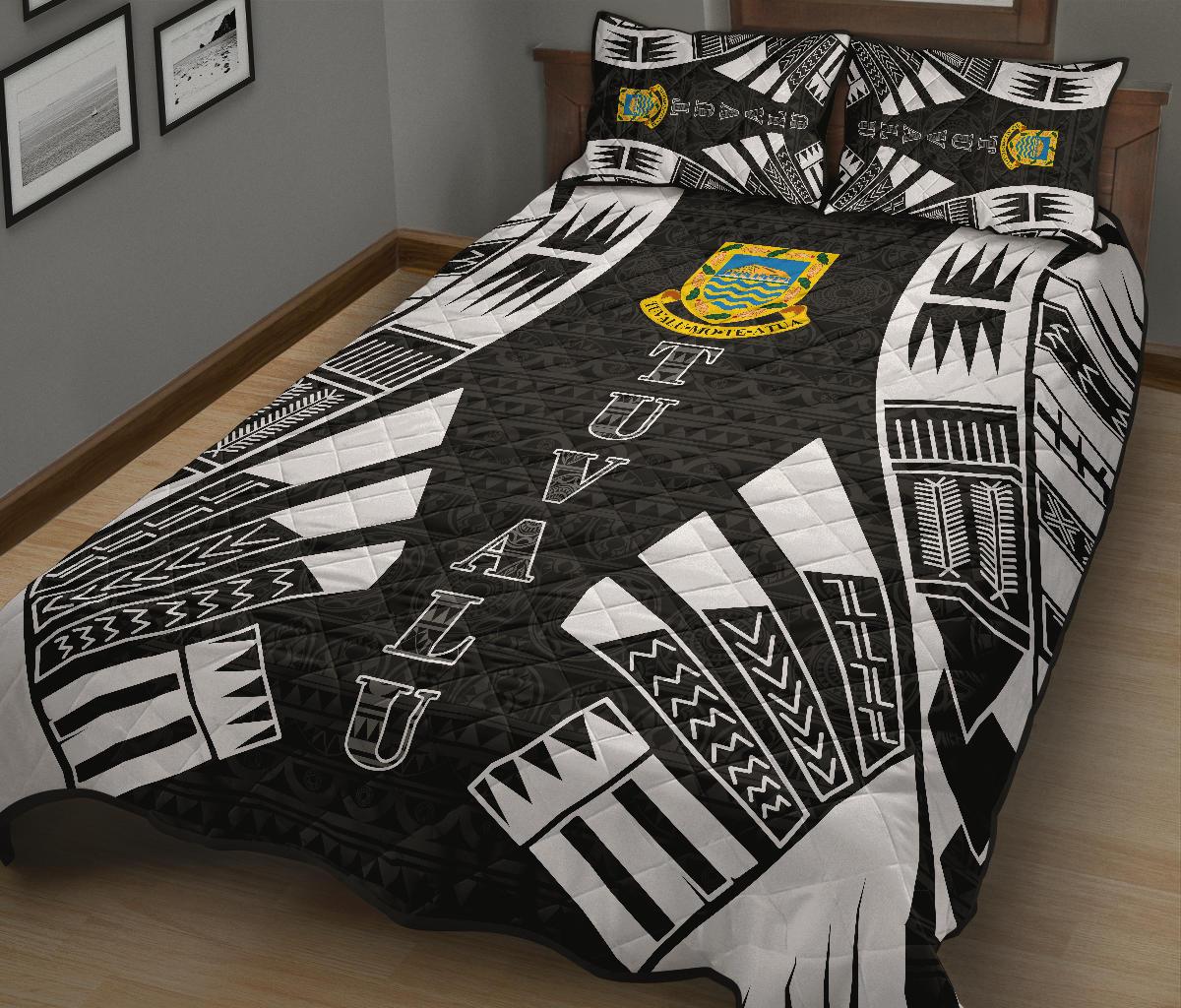 Tuvalu Quilt Bed Set - Tuvalu Coat Of Arms White Tattoo Style - Polynesian Pride