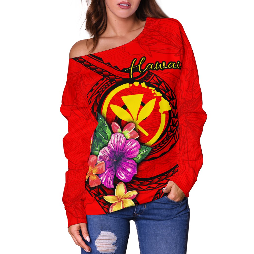 Hawaii Polynesian Women's Off Shoulder Sweater - Floral With Seal Red - Polynesian Pride