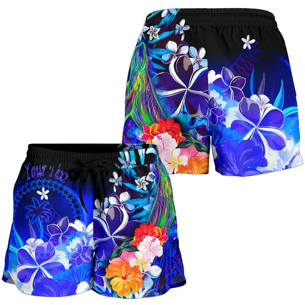 Custom Personalised Chuuk Women's Shorts - Humpback Whale with Tropical Flowers (Blue) - Polynesian Pride