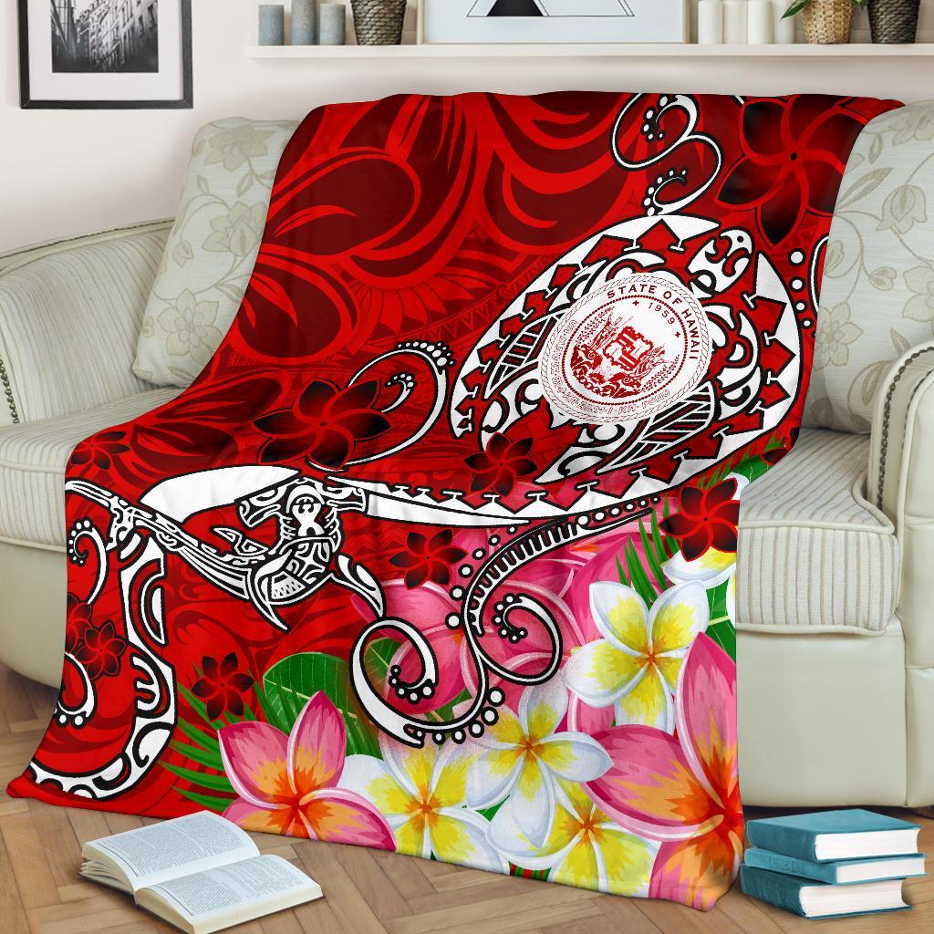 Hawaii Polynesian Premium Blanket - Hawaii Seal With Turtle Plumeria (Red) - Polynesian Pride