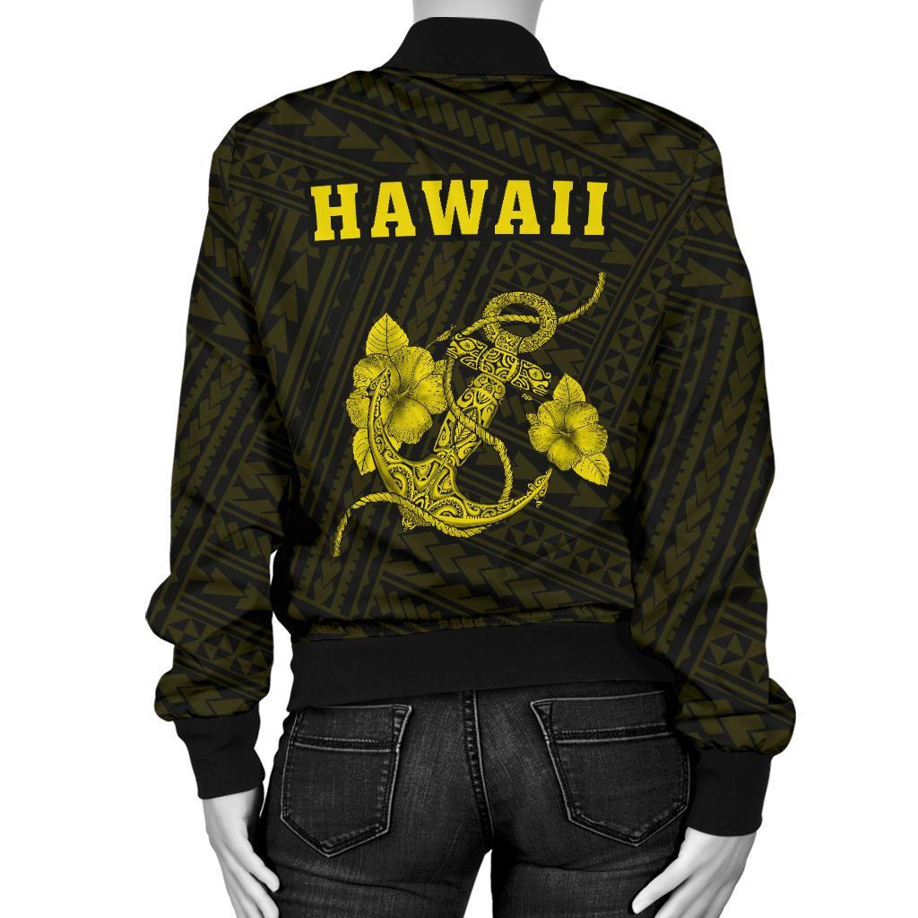 Hawaii Kakau Polynesian Anchor Women's Bomber Jacket - Yellow - Polynesian Pride