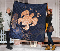 Personalized - Hawaii Kakau Polynesian Turtle Map Premium Quilt - Indigo - Polynesian Pride