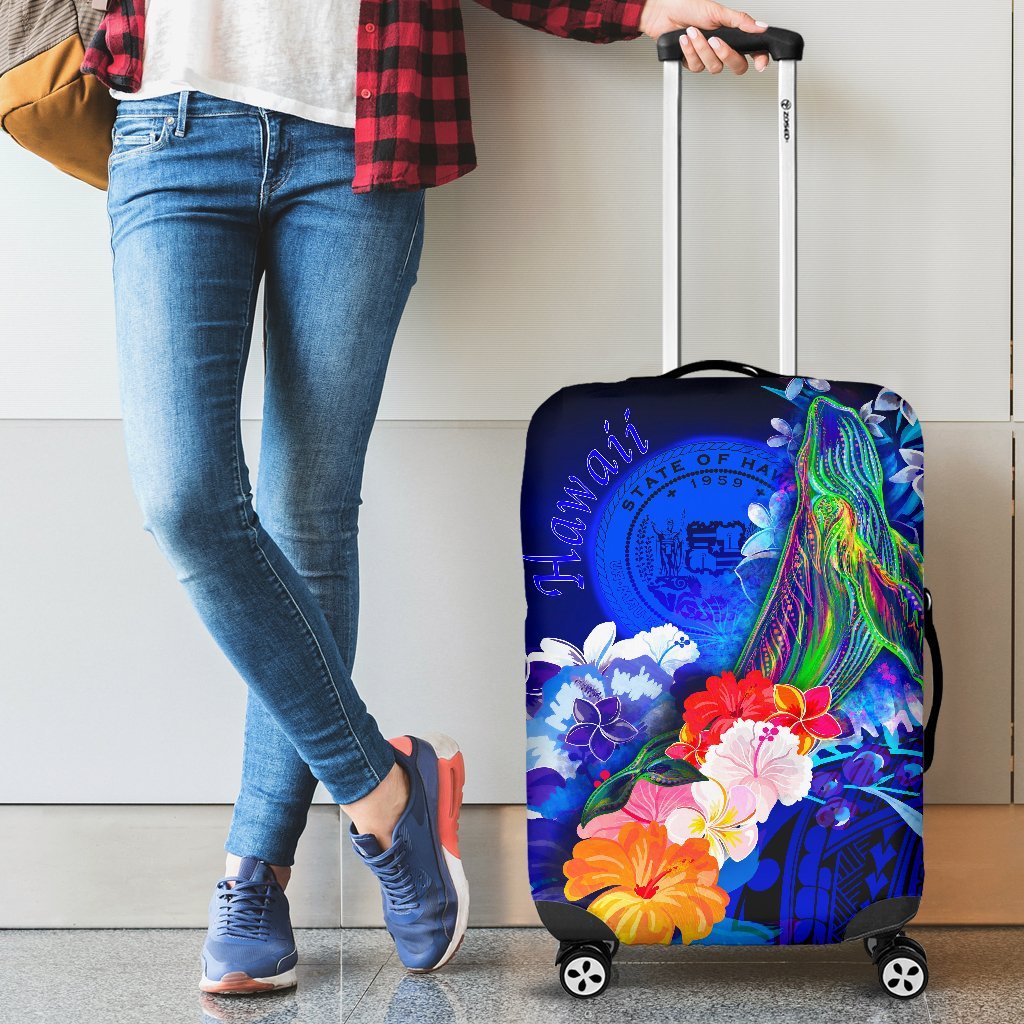 Polynesian Hawaii Luggage Covers - Humpback Whale with Tropical Flowers (Blue) Blue - Polynesian Pride