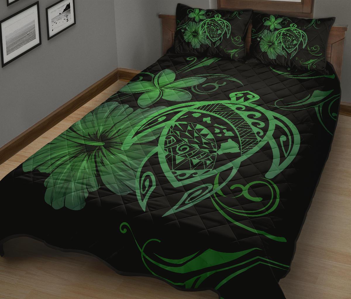 Hawaii Turtle Kanaka Map Hibiscus Poly Quilt Bed Set - Green - Polynesian Pride