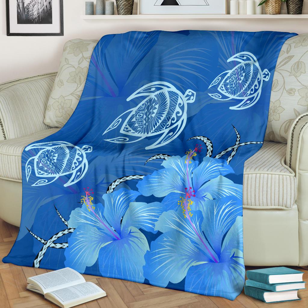 Hawaii Blue Hibiscus Turtle Polynesian Premium Blanket - Polynesian Pride