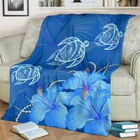 Hawaii Blue Hibiscus Turtle Polynesian Premium Blanket - Polynesian Pride