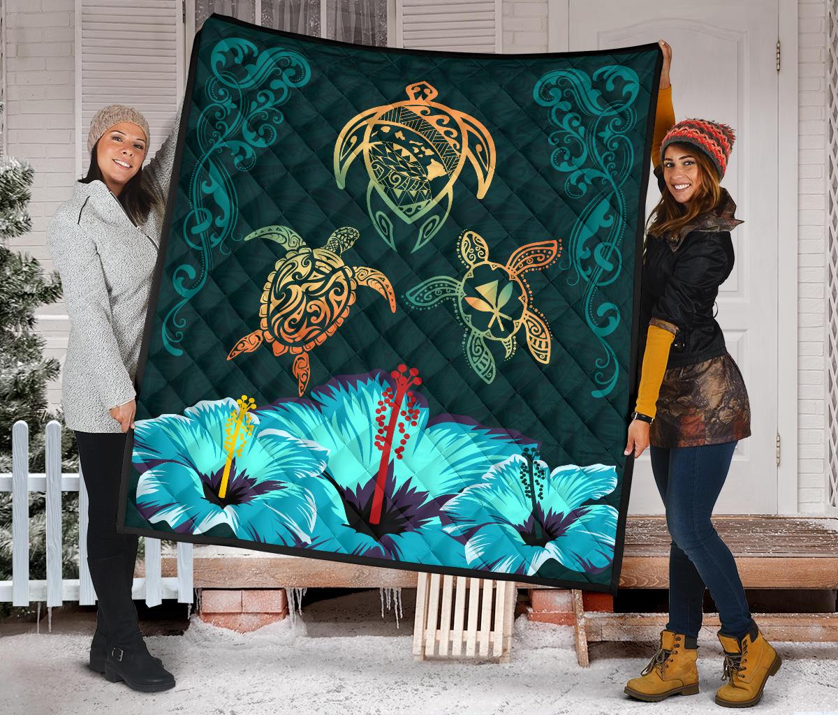 Hawaii Map Turtle Hibiscus Polynesian Luxury Premium Quilt - Honu Ohana - Polynesian Pride