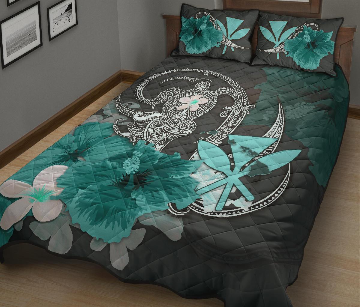 Kanaka Maoli (Hawaii) Quilt Bed Set - Hibiscus Turtle Tribal Turquoise - Polynesian Pride