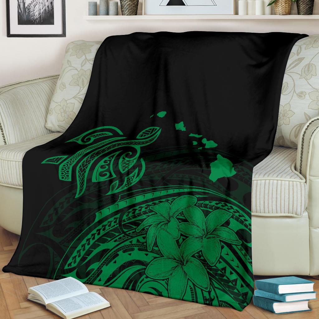 Hawaii Map Plumeria Polynesian Green Premium Blanket - Polynesian Pride