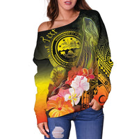 Federated States of Micronesia Custom Personalised Women's Off Shoulder Sweater - Humpback Whale with Tropical Flowers (Yellow) - Polynesian Pride