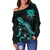 Tuvalu Polynesian Women's Off Shoulder Sweater - Turtle With Blooming Hibiscus Turquoise - Polynesian Pride