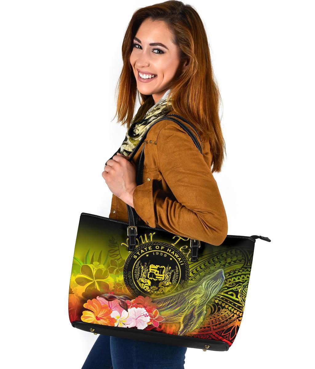Polynesian Hawaii Custom Personalised Leather Tote Bag - Humpback Whale with Tropical Flowers (Yellow) - Polynesian Pride