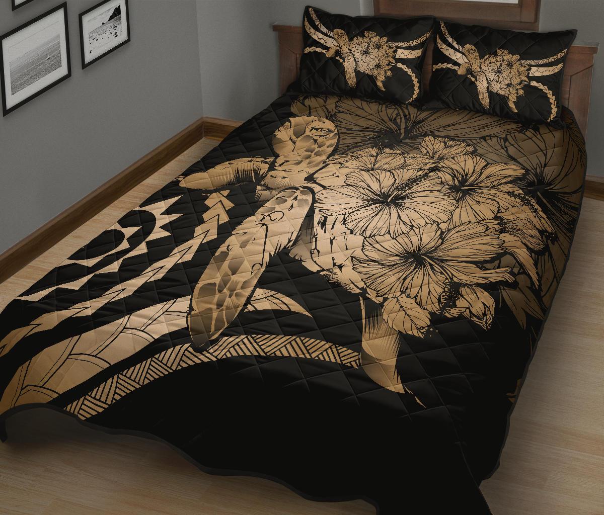 Hawaii Turtle Hibiscus Polynesian Vintage Quilt Bed Set - Gold - Polynesian Pride