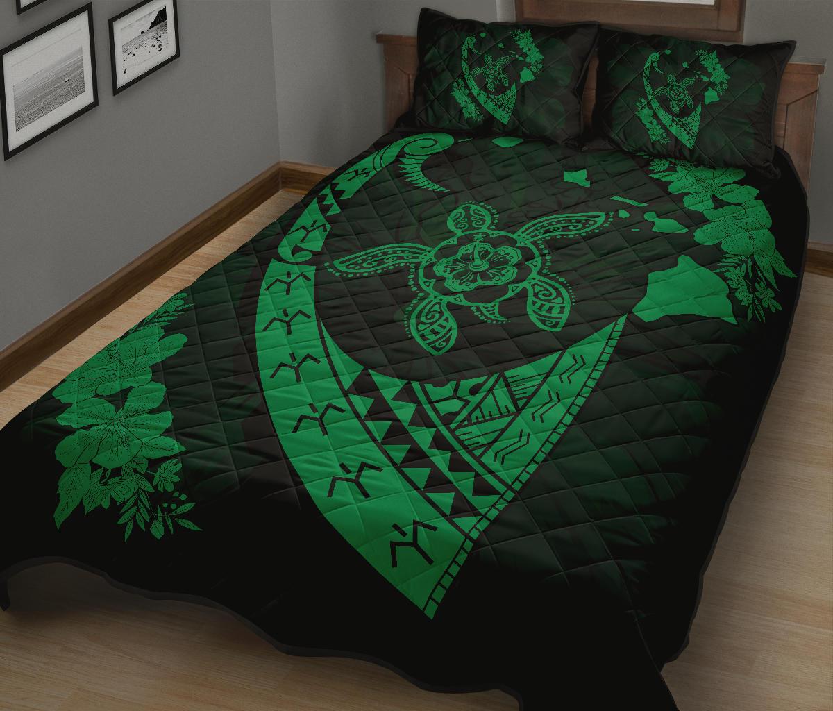 Hawaiian Map Hibiscus Turtle Fish Hook Polynesian Quilt Bedding Set Green - Polynesian Pride