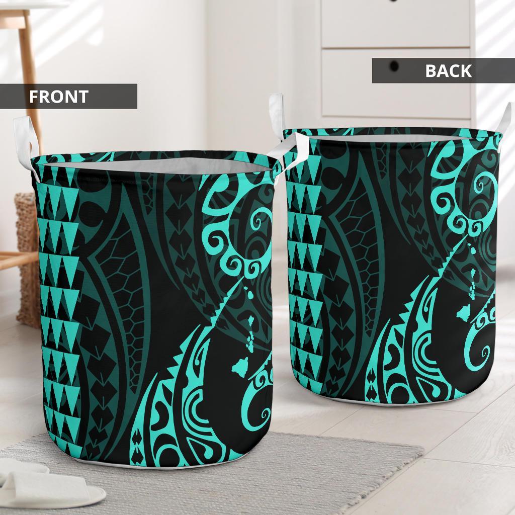Kakau Polynesian Map Hawaii Laundry Basket Turquoise AH - Polynesian Pride