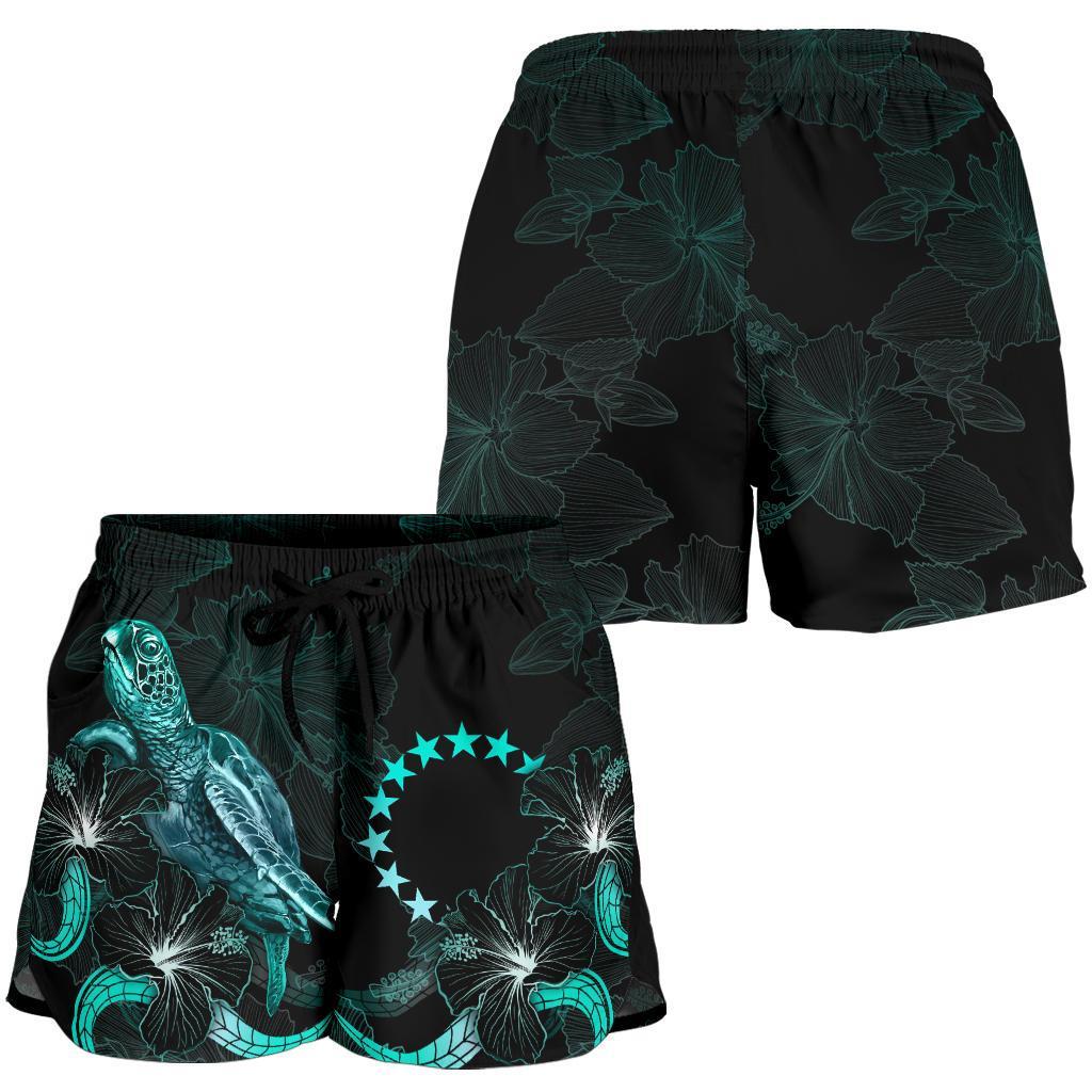 Cook Islands Polynesian Women's Shorts - Turtle With Blooming Hibiscus Turquoise - Polynesian Pride