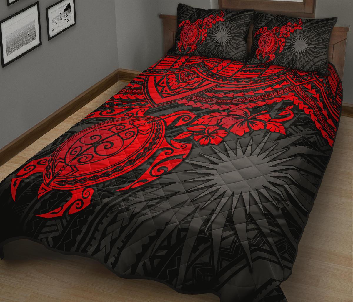 Marshall Islands Polynesian Quilt Bed Set - Marshall Islands Flag & Red Turtle Hibiscus Red - Polynesian Pride