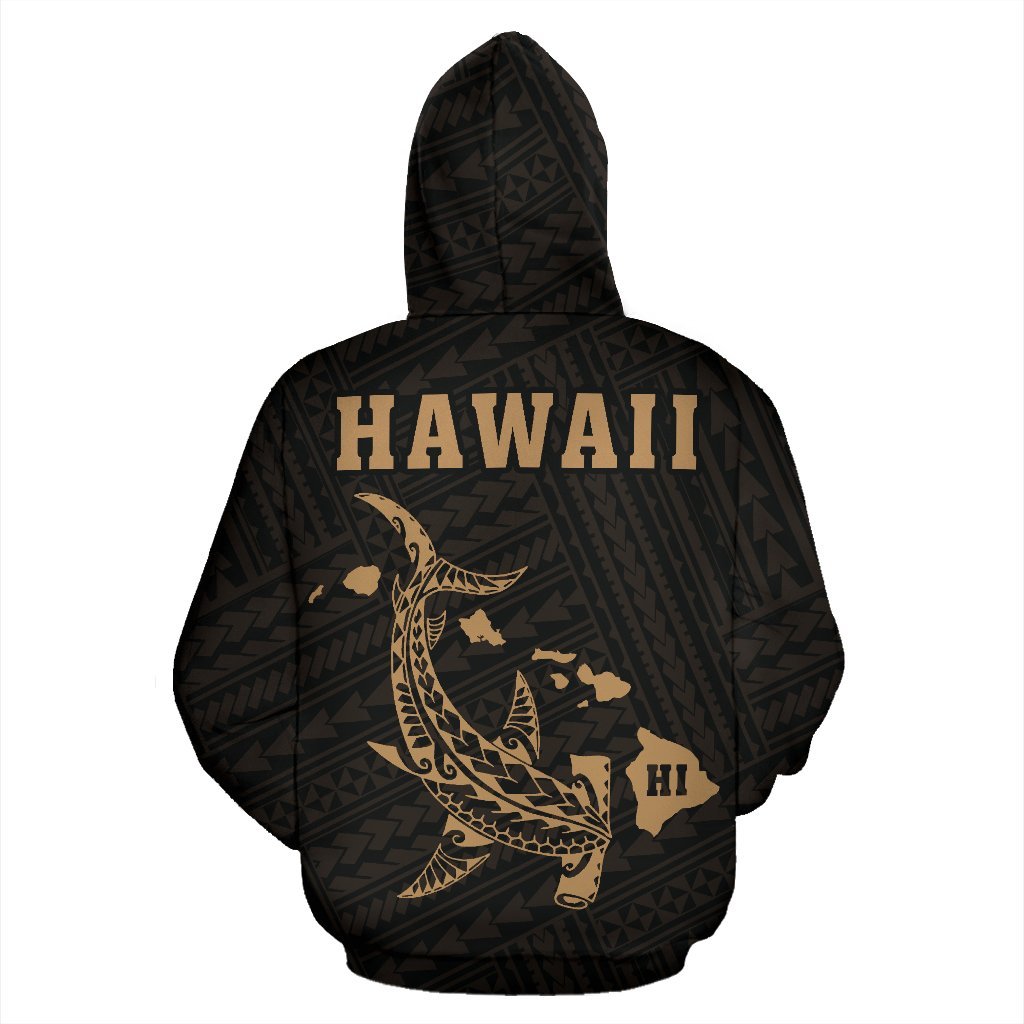 Hawaii Kakau Polynesian Gold Hammerhead Shark Hoodie - Polynesian Pride