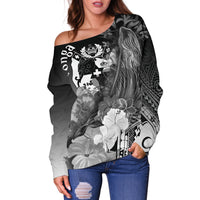 Tonga Women's Off Shoulder Sweater - Humpback Whale with Tropical Flowers (White) - Polynesian Pride