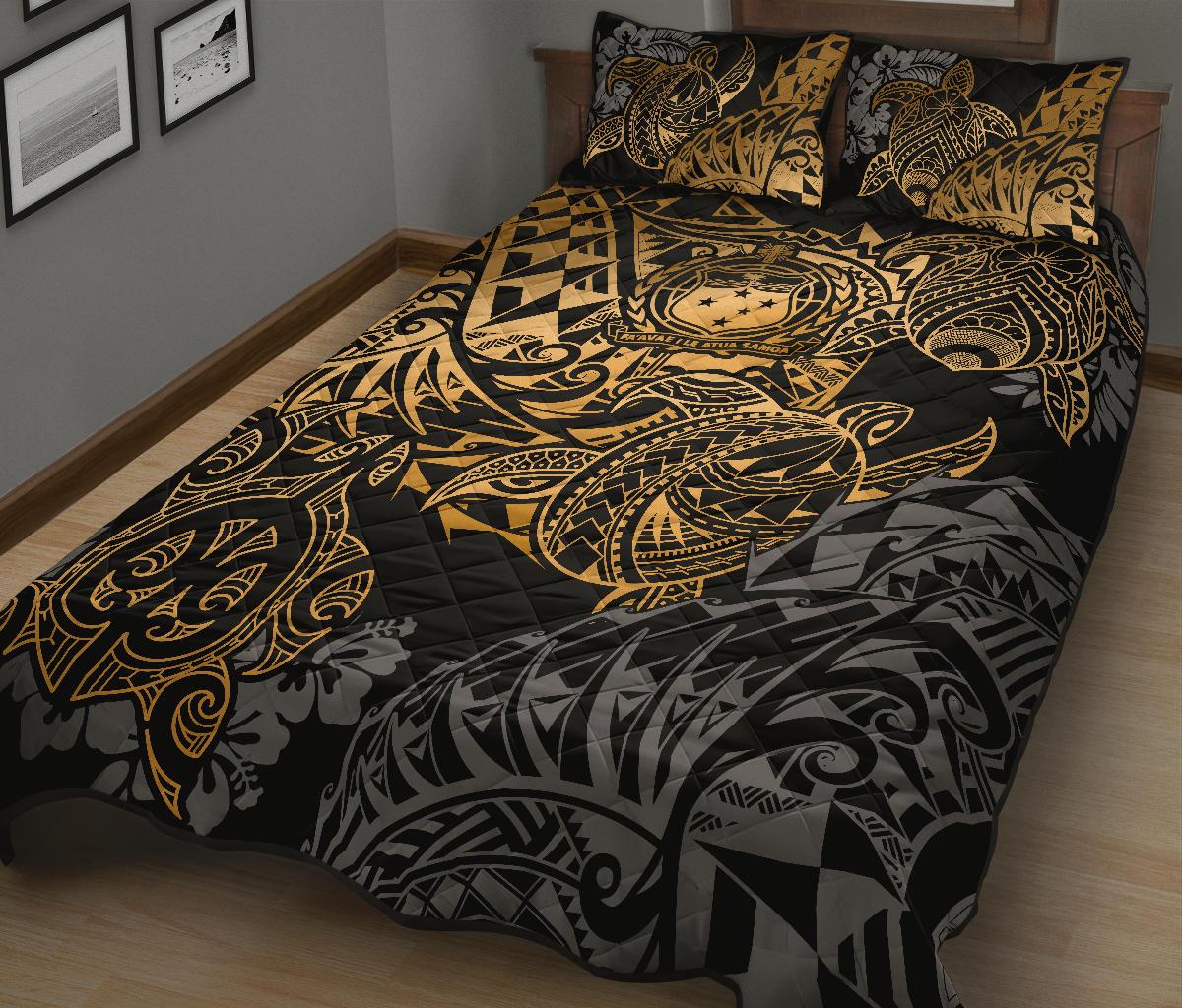 Samoa Polynesian Quilt Bed Set - Gold Turtle Flowing - Polynesian Pride