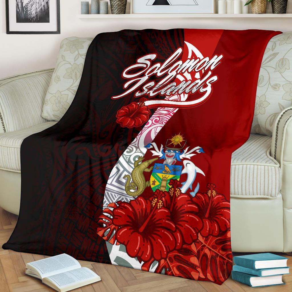 Solomon Islands Polynesian Premium Blanket - Coat Of Arm With Hibiscus White - Polynesian Pride