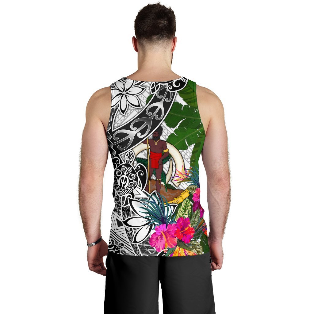 Vanuatu Men's Tank Top White - Turtle Plumeria Banana Leaf - Polynesian Pride
