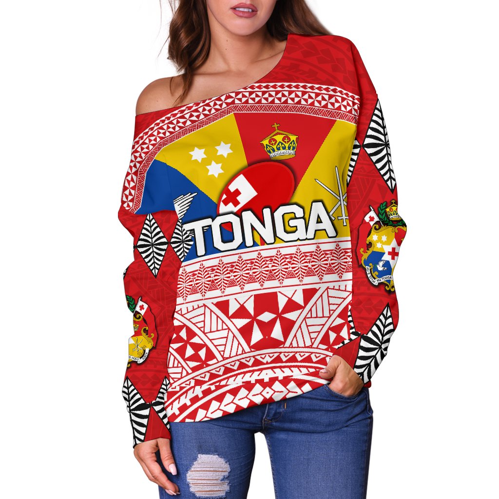 Tonga Rugby Women's Off Shoulder Sweater Special Coat Of Arms Red - Polynesian Pride