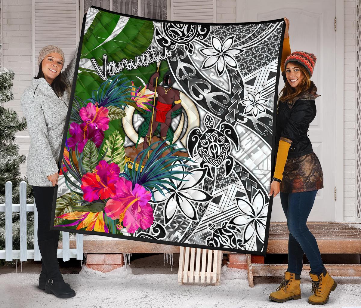 Vanuatu Premium Quilt White - Turtle Plumeria Banana Leaf - Polynesian Pride