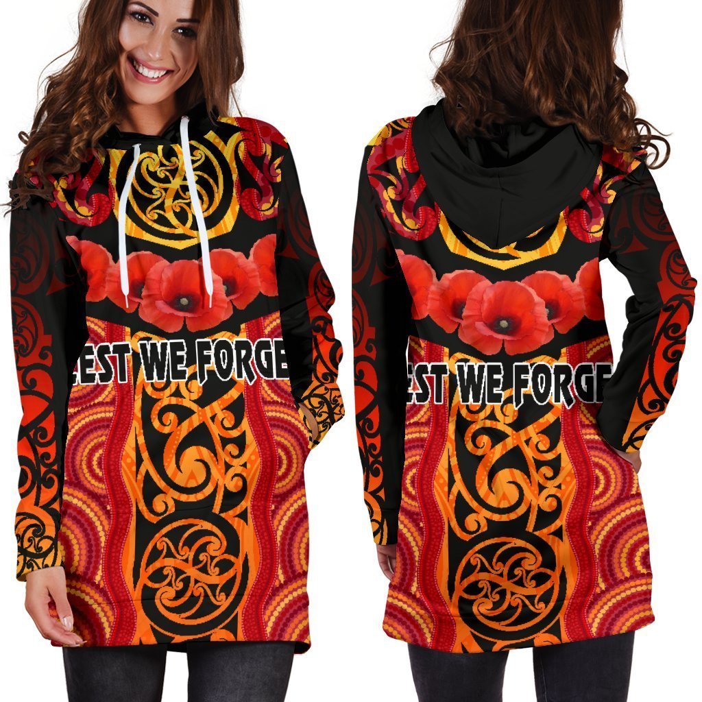 Anzac Lest We Forget Poppy Women Hoodie Dress New Zealand Maori Silver Fern - Australia Aboriginal - Polynesian Pride
