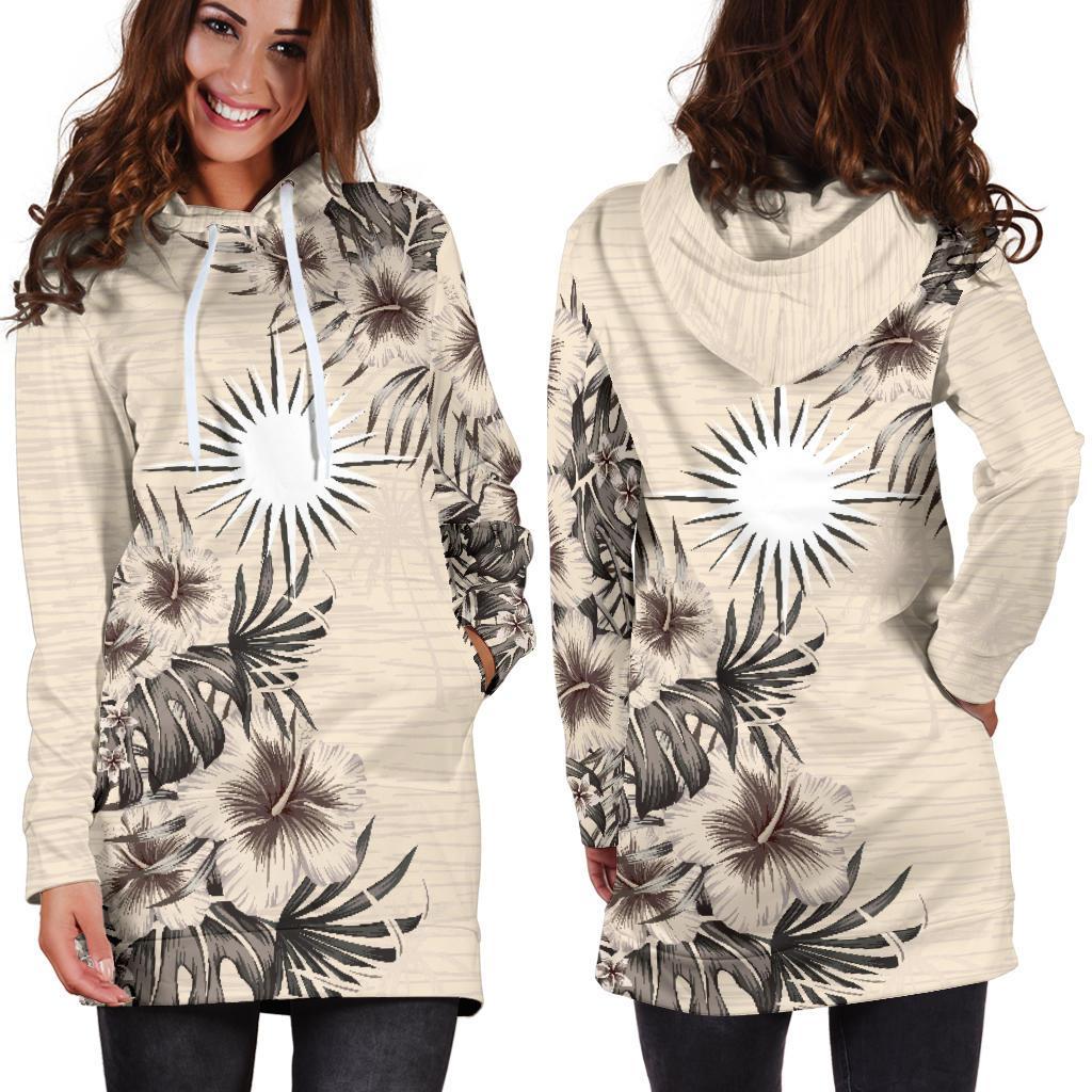 Marshall Islands Hoodie Dress - Marshall Islands Flag & Beige Hibiscus - Polynesian Pride