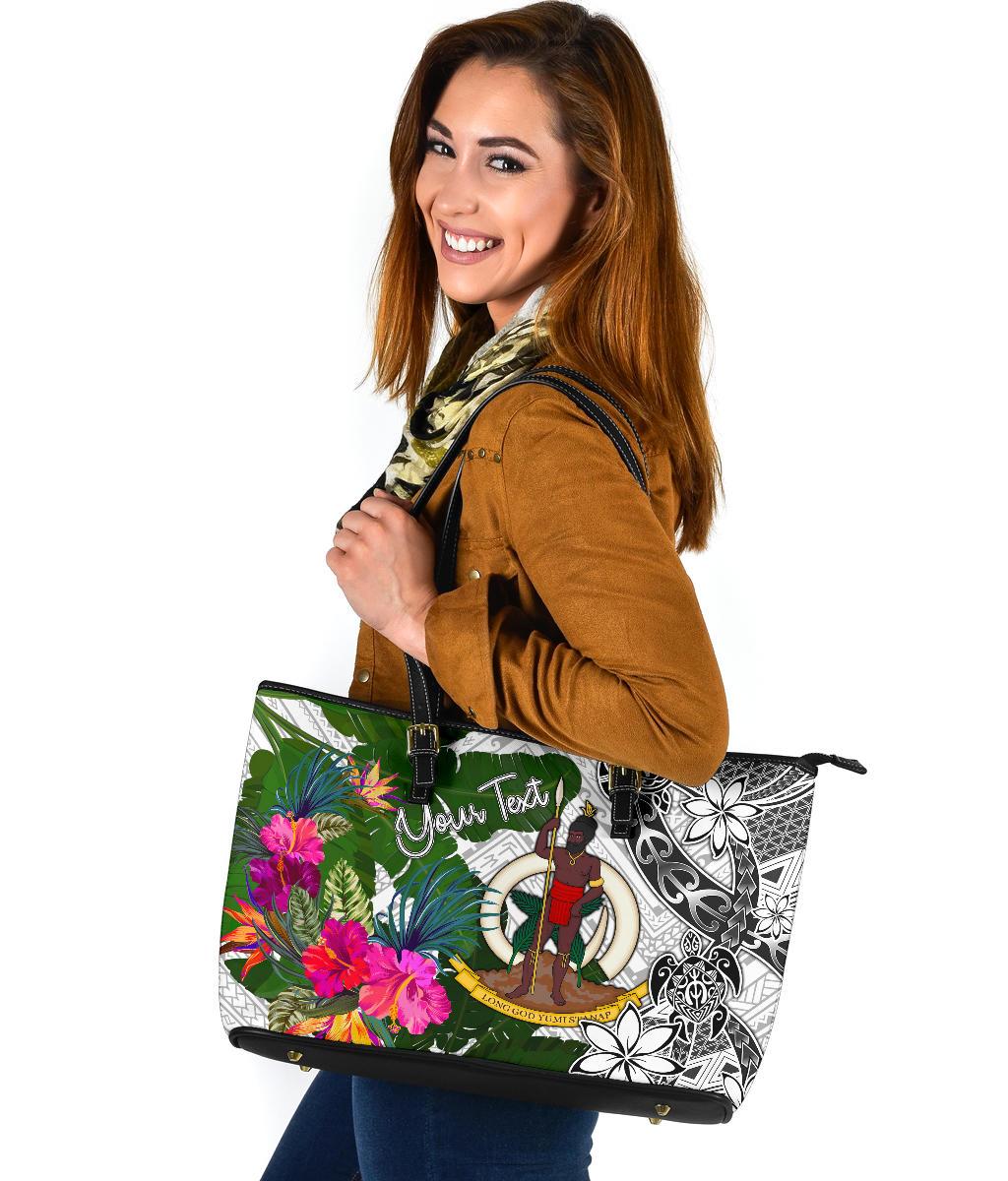 Vanuatu Custom Personalised Large Leather Tote White - Turtle Plumeria Banana Leaf - Polynesian Pride